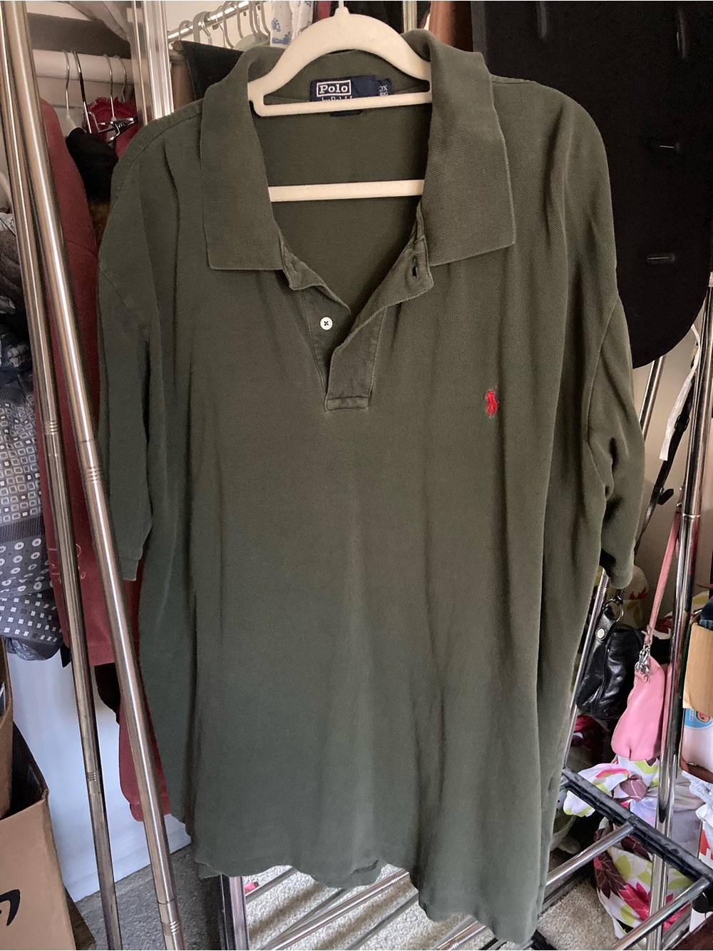 Ralph Lauren 100% cotton Long Sleeve Polo Shirt in Olive Green Red Pony 2X Big